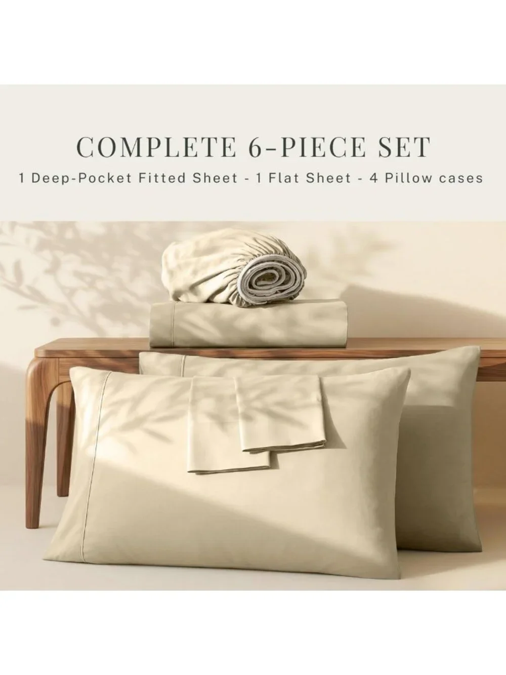 Queen Size Bed Linen Set - 6 Piece, Extra Deep Pocket, Cream Microfiber Bedding
